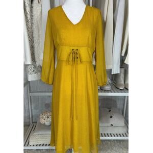 Le Lis Women’s Size M Yellow Polka Dot Lace Up Waist Lined A Line Dress #0481